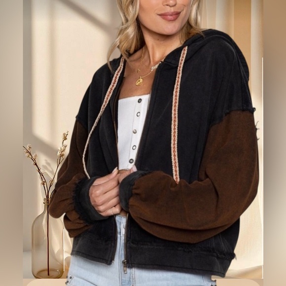 POL Black & Brown Color Block Zip Up Hoodie Jacket | Boho Artistic Drawstrings - Picture 5 of 7